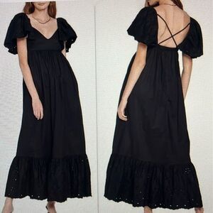 New! En Saison Barnette Midi Dress Eyelet Sleeves Black Size Large Pockets